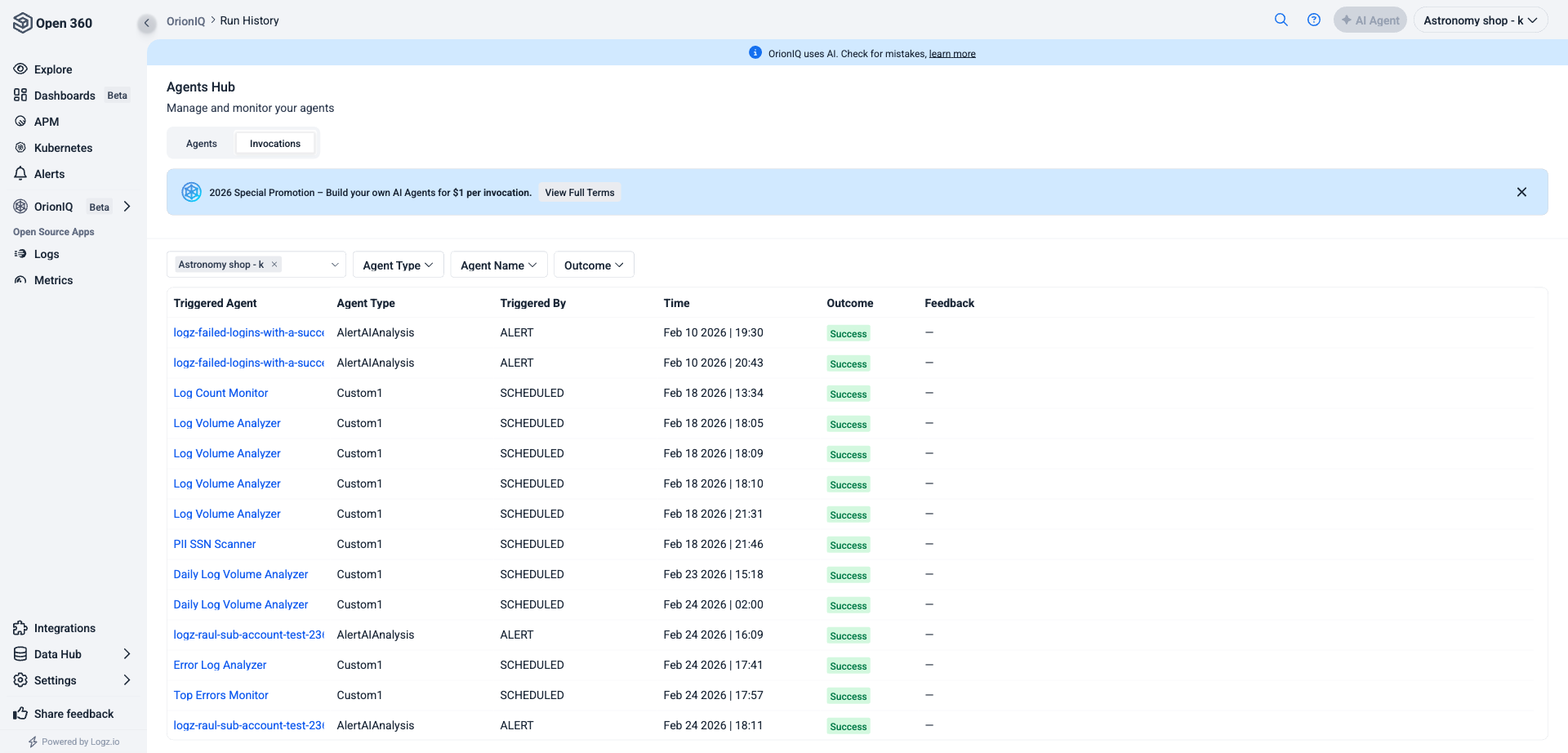 Invocations tab showing agent run history