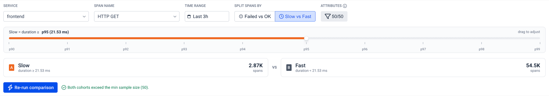 Compare Spans scope bar with service, span name, time range, split, and attributes controls