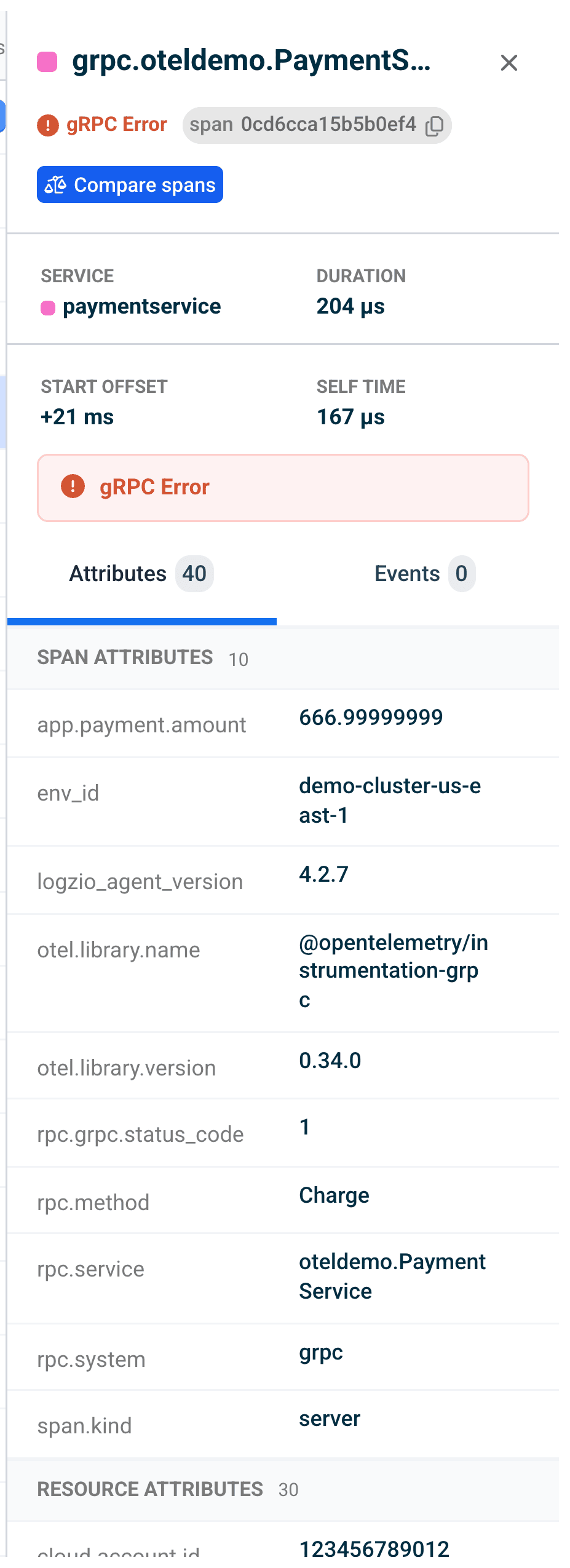 Span details panel showing status, metadata, attributes, and the Compare spans action